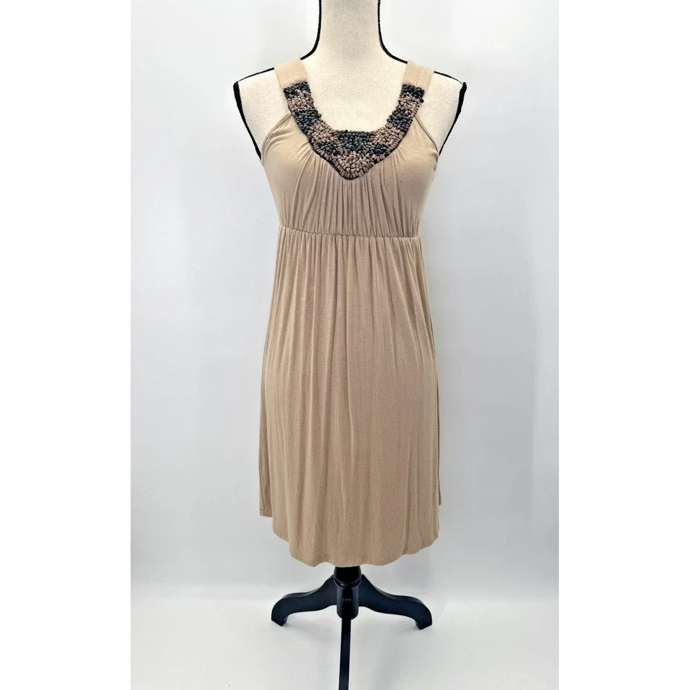 Blue Rain Indie Boho Beaded V-Neck Dress Small Elastic Waist Stretch Embellished